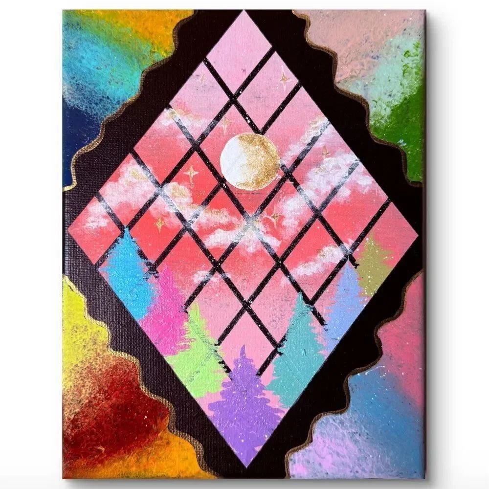 Pastel Diamond Window Wall Art with Gold Moon Size 10*8